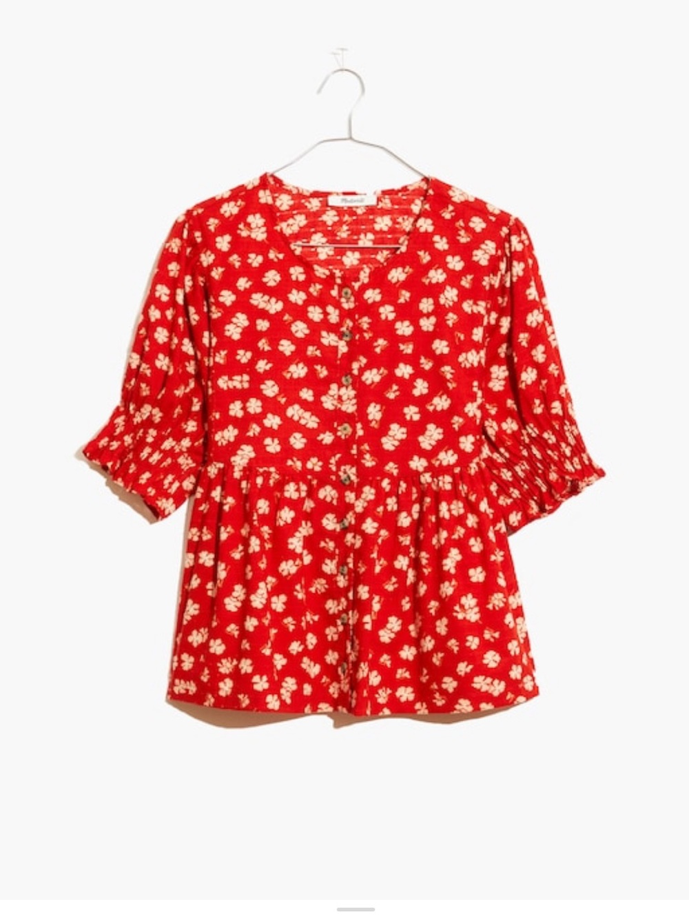 Puff Sleeve Button Front Top in Swiss Dot Happy Hibiscus